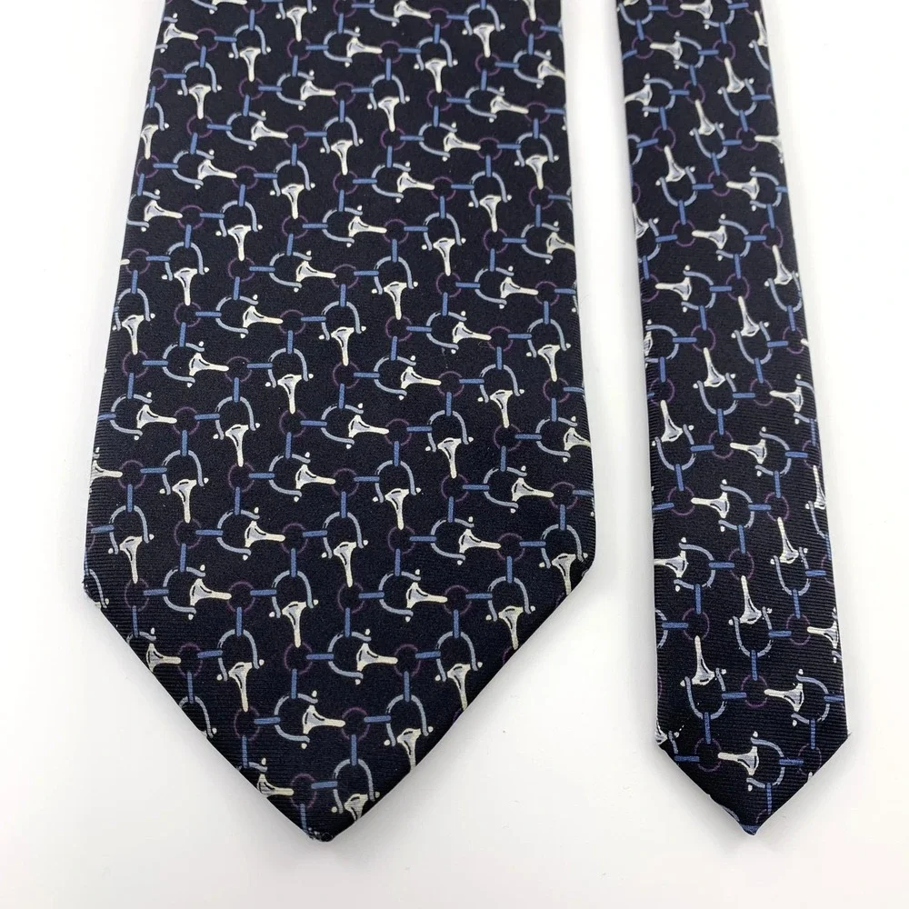 Bert Pulitzer Mens Tie Black w Blue Equestrian Pattern‎ Necktie 100% Silk USA